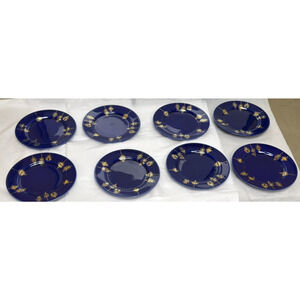 Lot of 8-Rosanna Cobalt Blue Plate Christmas Gold Ornaments Made In Italy 8"